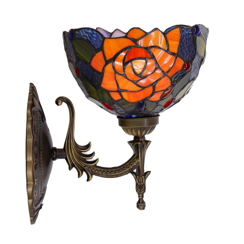 Tiffany Wall Sconce Lamp Plug In or Hardwire Wall Light with 8 Inch Red Rose Stained Glass Flower Lampshade 8X10.5X11 Inch, Base Finished Antique Bronze, 6ft Cord with On/Off Switch, Bulb Not Included
