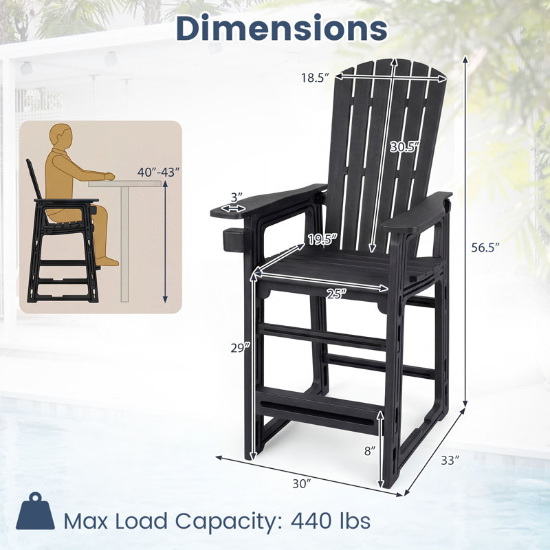 Chaise haute Adirondack en PEHD toutes saisons avec accoudoirs à dossier et repose-pieds, Black, 1