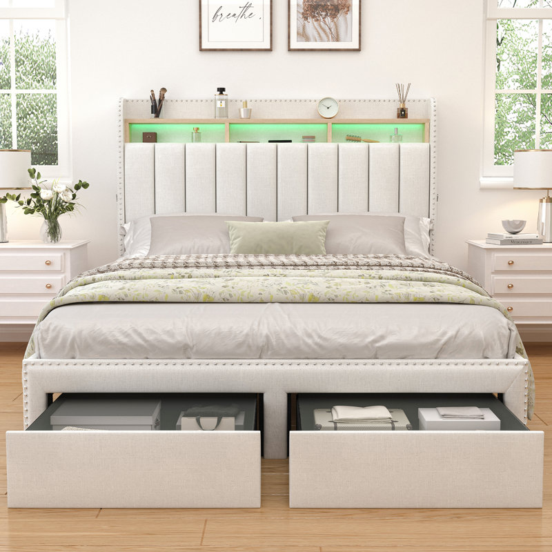 LED Bed Frame with 2 Drawers Pockets and Upholstered Wingback Headboard, Queen, Cream