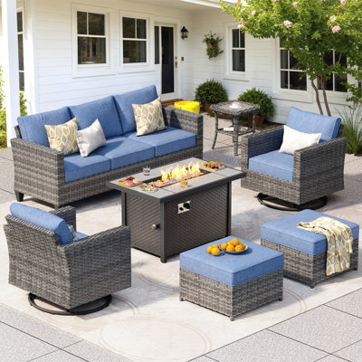 Ensemble de mobilier de patio pour 7 personnes avec chaise berçante pivotante, ensemble de conversation en rotin avec coussins pour l'extérieur, ensemble de conversation pour canapé toutes saisons avec foyer pour table de jardin	