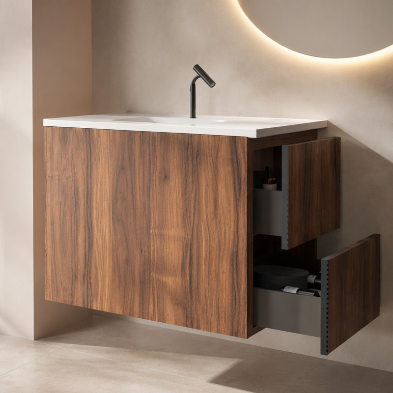 Meuble-lavabo suspendu Gloria 24 po, fini noir doux et noyer, avec lavabo en céramique intégré et trop-plein, grand meuble-lavabo suspendu pour salle de bain moderne, à assembler soi-même