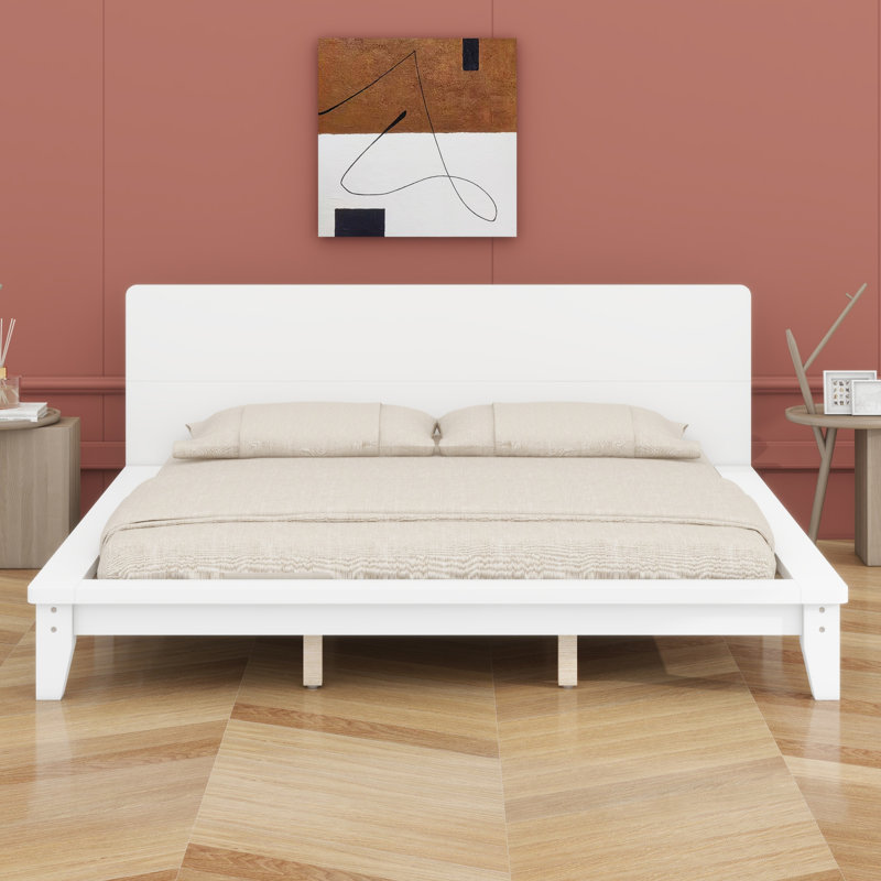 Base de lit plateforme à profil bas avec lattes en bois pour la tête de lit, Très grand lit, Blanc