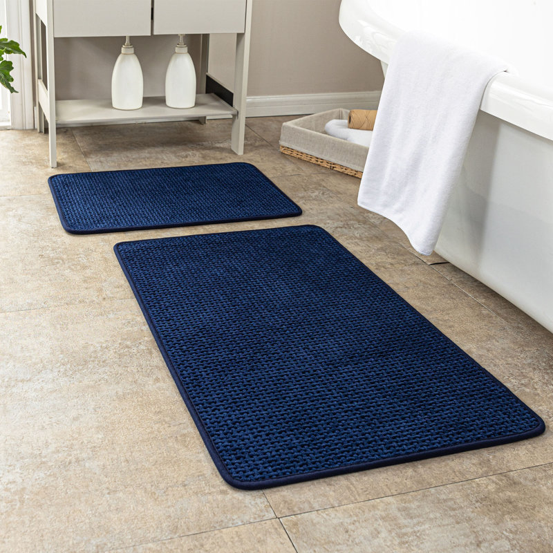 Ultra Thin Chenille Weave Non Slip Bathroom Rug Set, Set of 2 - 32" L x 20" W, 24" L x 16" W, Navy