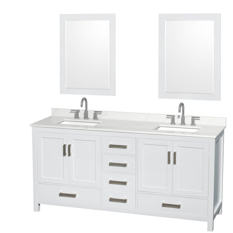 Sheffield 72" Freestanding Double Bathroom Vanity with Quartz Top with 24" Mirrors, White, Giotto Quartz