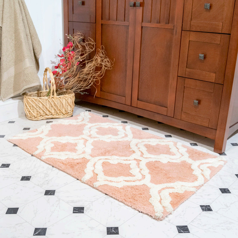 Elar Cotton Blend Non-Slip Bath Rug, Salmon / Ivory