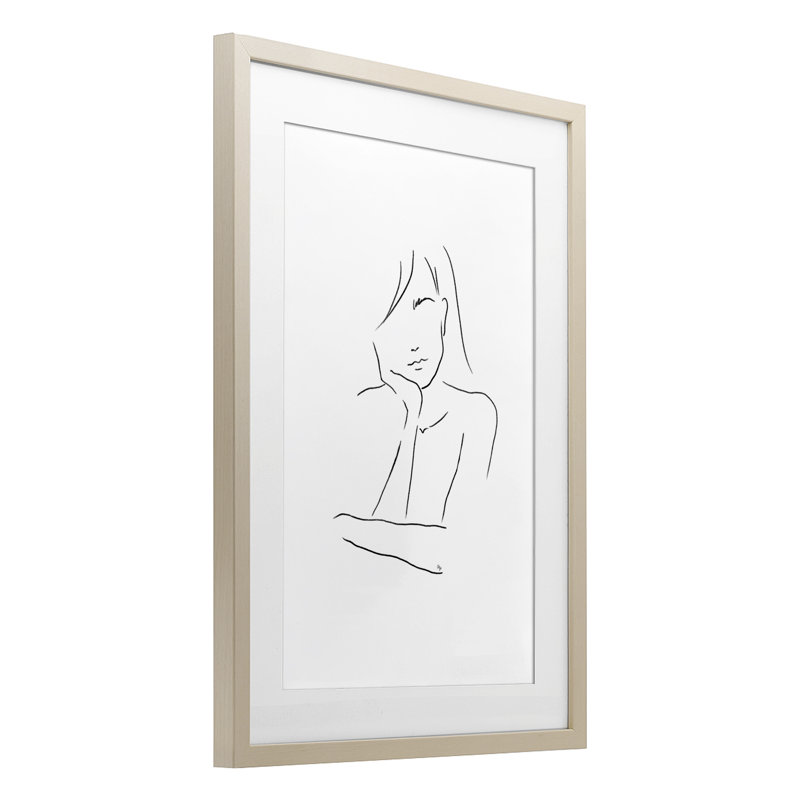 Triste femme, dessin au trait encadré sous verre, design par Martina Pavlova, H 20 po x l 14 po, Cadre de récolte en pin