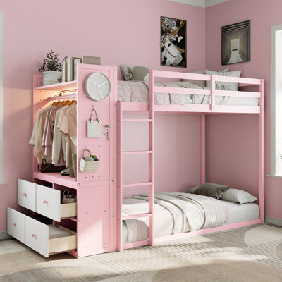 Bunk Bed With 4 Storage Drawers, Hanging Rail, Light Strip And Built-In Shelves & Dual Pegboards, 3 Colours Available