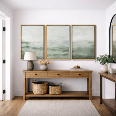 «Minimal Landscape», art organique moderne vert sauge, images murales abstraites simples dans la chambre à coucher, grand ensemble de 3 impressions murales sur toile, 16 x 24 x 3, 24 x 36 x 3