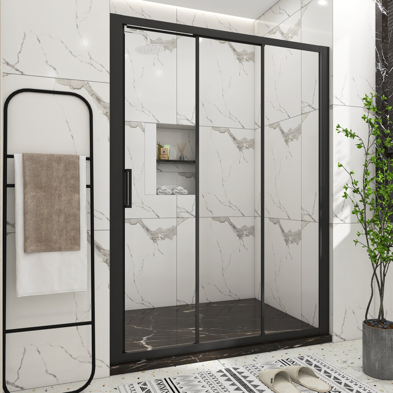 60 po X P 70 po H Porte de douche coulissante semi-sans cadre au fini noir mat