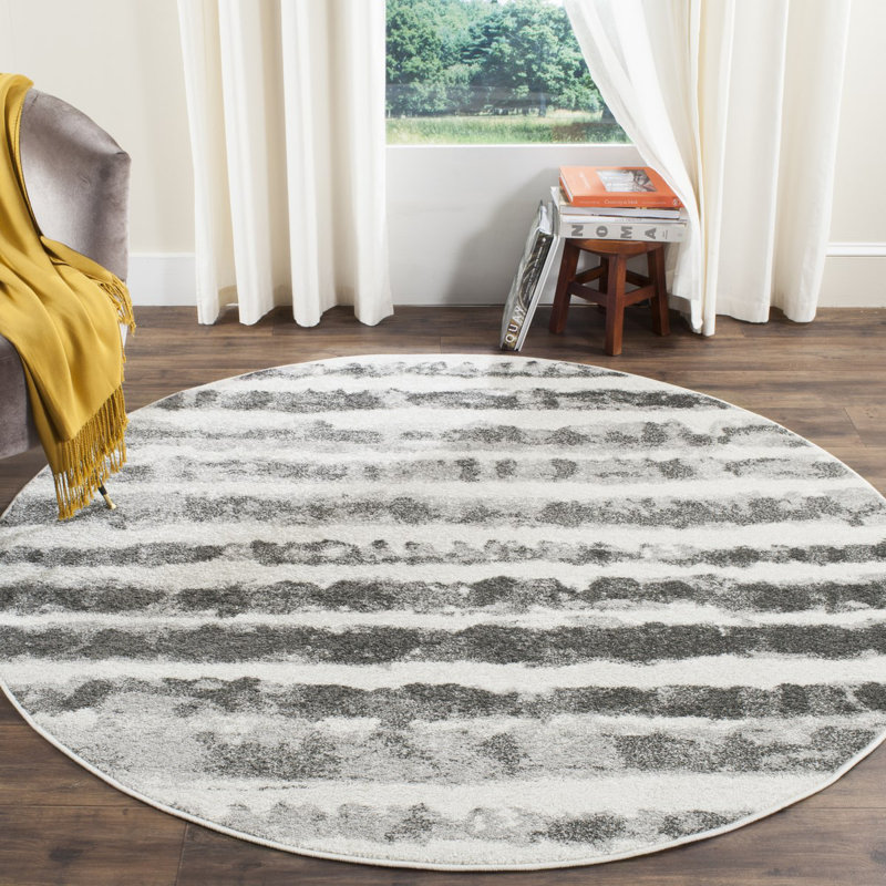 Tapis rayé ivoire / gris anthracite Bethlyn, Rond 4 pi