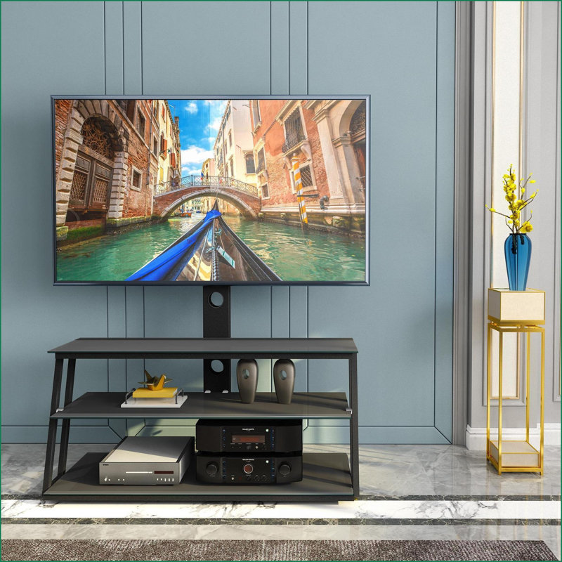 Meuble télé pivotant en verre trempé noir | Convient à 32-65 pouces | Noir | Verre