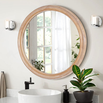 Miroir rond rond avec cadre en bois avec détail nervuré, 23,62 po