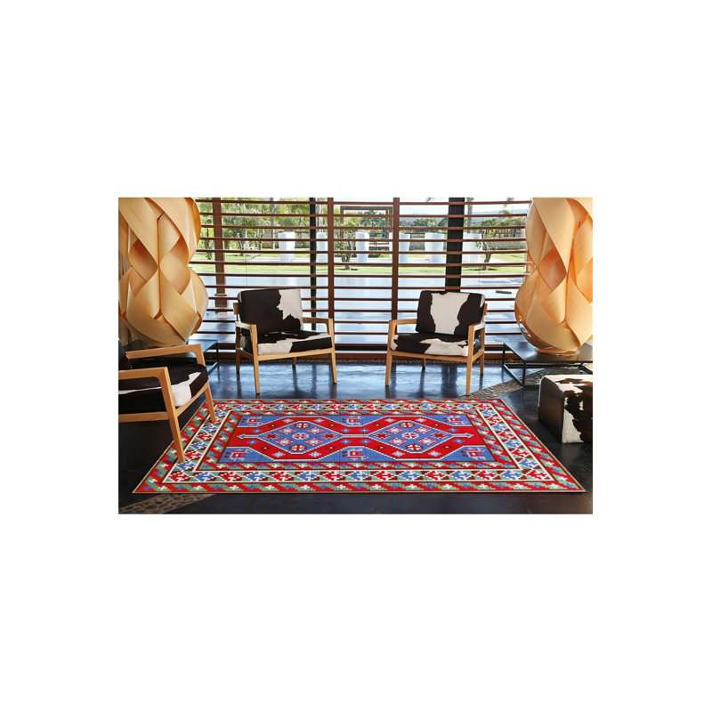 Tapis bleu tissé à motif géométrique, Sous-tapis carré 3 pi 3 po inclus