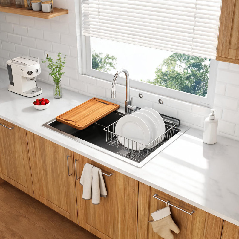 28 inch Brushed Nickel Stainless Steel 16 Gauge Drop-in Topmount Single Bowl Kitchen Sink with Workstation Accessories
