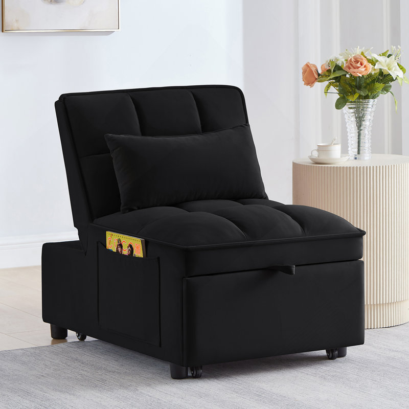 Tufted Single Pull-Out Sofa Bed with Adjustable Backrest And Pillows, Convertible Chaise Lounge, Black