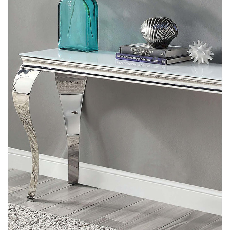Console Glam Contemporary 1Pc, plateau en verre, pieds de style cabriole en acier inoxydable