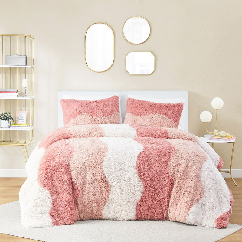 Literie simple / simple TG avec édredon en fausse fourrure à poils longs, rembourrage, dégradé rayé Tonal Wave, édredon dégradé lavable à la machine Xl, motif, envers doux