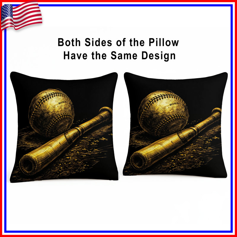 Coussins Baseball Bat And Ball, 14 X 14 pouces, Gris anthracite foncé / or brillant