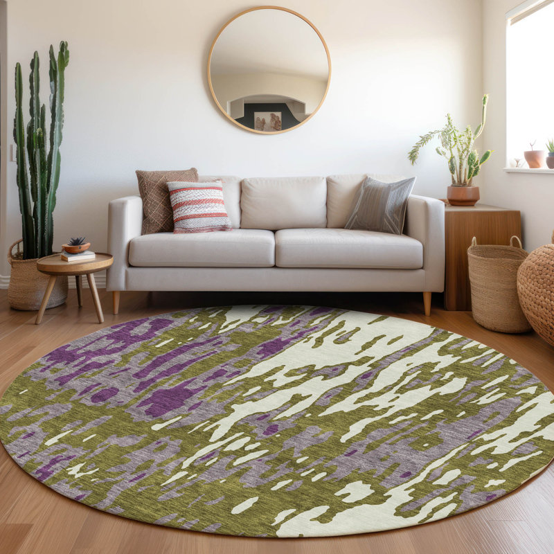 Premium Machine Washable Prisco Olive Rug, Round 8'