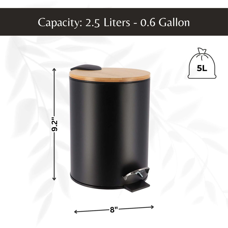 Trash Can with Bamboo Lid and Pedal, 2.5L Capacity, Black