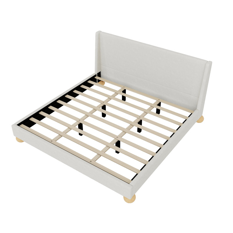 Lit plateforme tapissier Modern Boucle avec tête de lit à oreilles et pieds ronds en bois