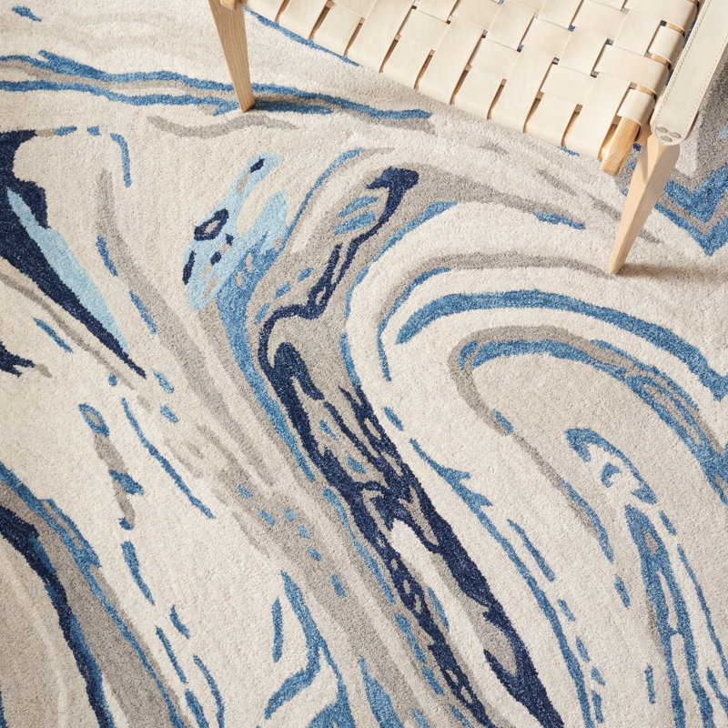 Tapis bleu / gris en laine / coton touffeté à la main Soho, Tapis de couloir 2 pi 3 po x 8 pi