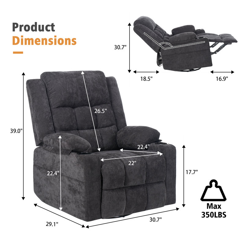 Red Barrel Studio Electric Power Swivel Rocker Recliner Chair with Heat and Massage, Black