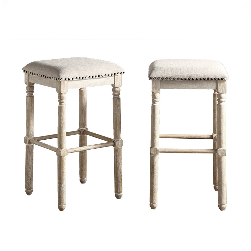 Wood Upholstered Swivel Bar Stools Set Of 2, Beige, Tan