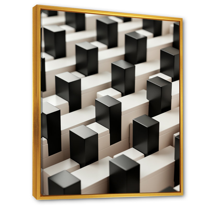 Panneaux de puissance abstraits en noir et blanc III - Art mural, Cadre flottant doré, H 44 po x l 34 po