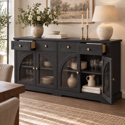 Buffet moderne de 152 cm (60 po) avec 4 tiroirs et 4 portes cintrées en verre trempé, étagères réglables, idéal pour la salle à manger et le salon.
