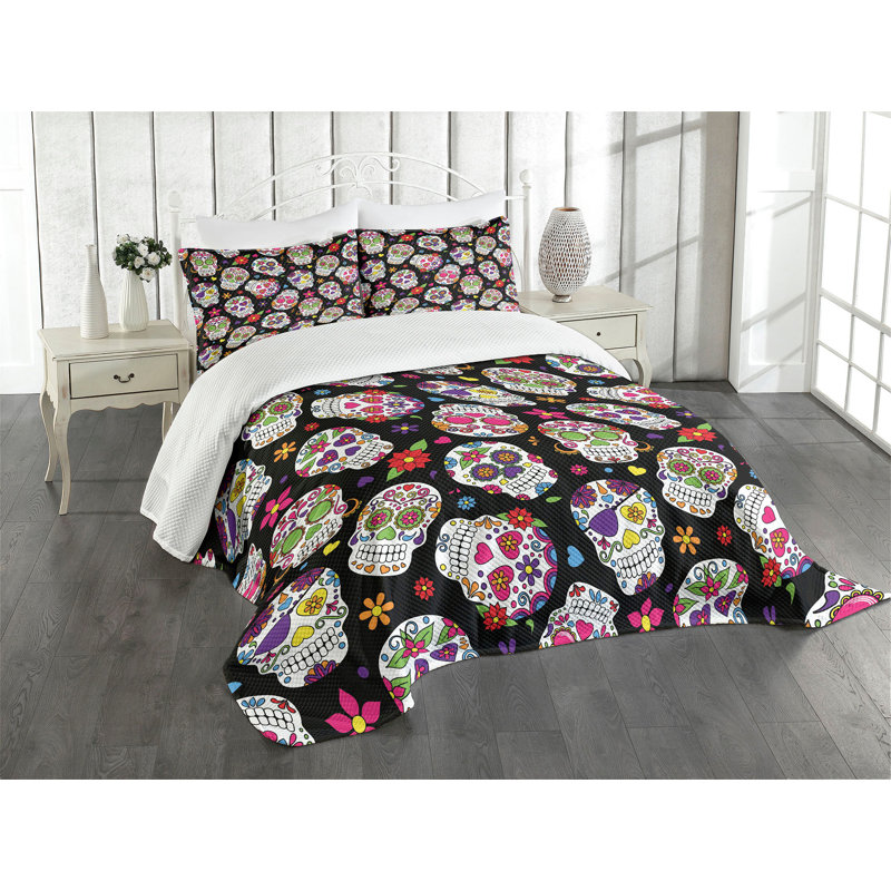 Queen White and Multicolor Sugar Skull Bedspread Set