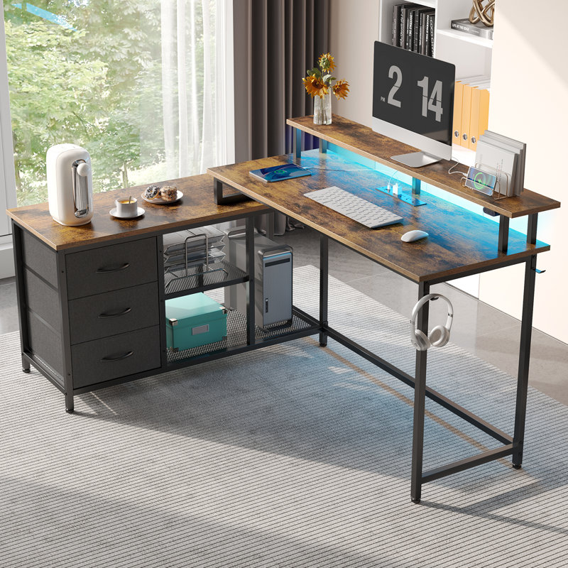L Shaped Desk with RGB LED Lights & Outlets, Reversible Computer Desk with Drawers, Rustic Brown/Black