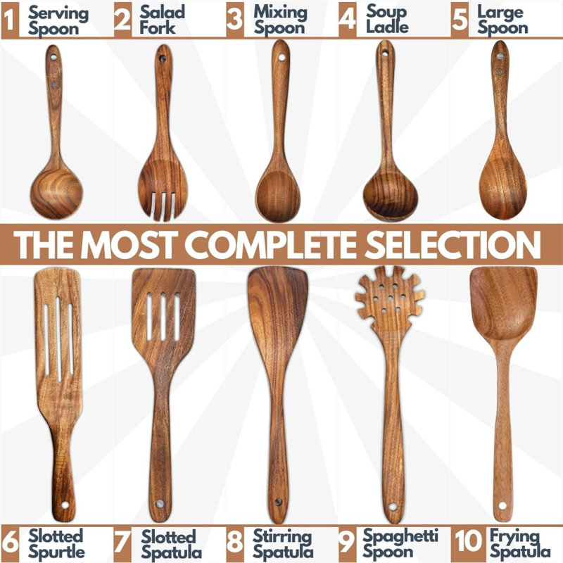 Ensemble d'ustensiles de cuisine en bois de teck naturel 10 pièces - Outils de cuisine durables et résistants à la chaleur pour batterie de cuisine antiadhésive