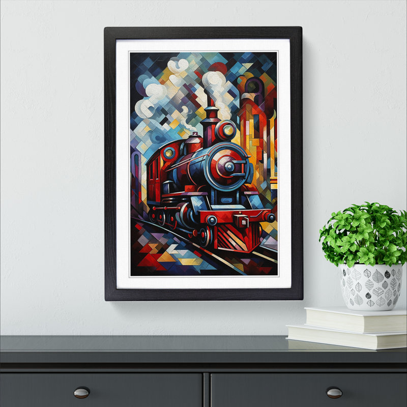 Steam Train Cubism - Framed Print, 34" H x 25" W x 2" D, Black