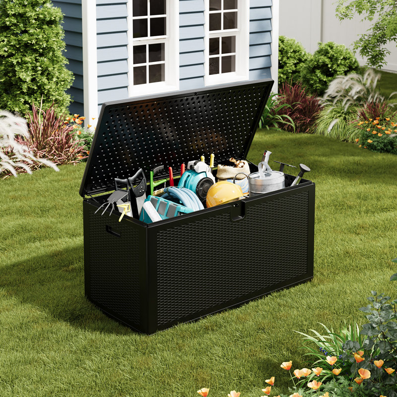 150 Gallon Large Deck Box, Outdoor Storage Box, Lockable Pool Storage Bin with Lid for Porch Patio Garden Backyard, Black