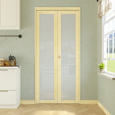 LuminaMatte™ Pine Wood Unfinished 1 Lite Glass Bi-Fold Door With Hardware Kit