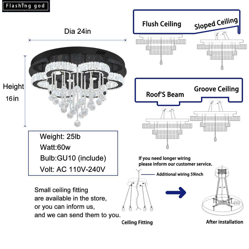 Crystal Chandeliers Led Dimmable Ceiling Light, Matte Black