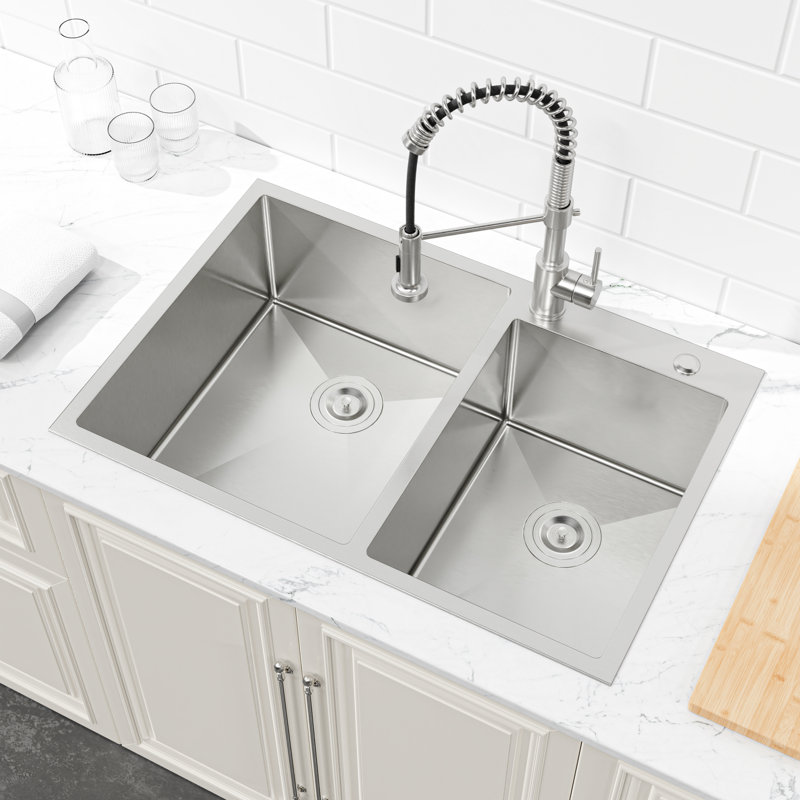Évier de cuisine en acier inoxydable de 33 po x 19 po sur comptoir, double cuve, avec installation élégante et pratique sur comptoir brossé pour plus de commodité