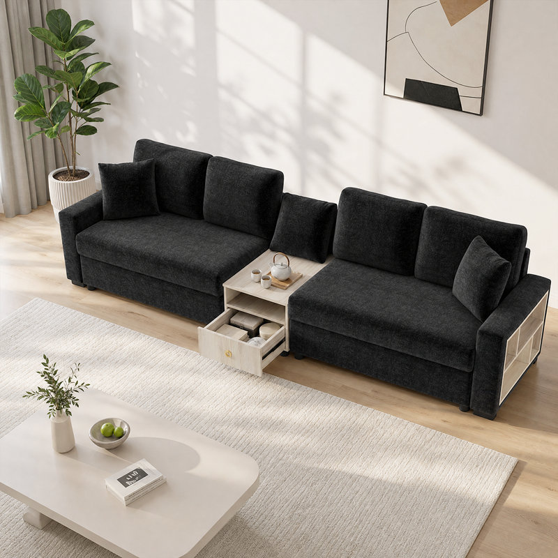 Canapé modulaire avec console centrale intégrée et accoudoirs de rangement pour les meubles de salon, Noir