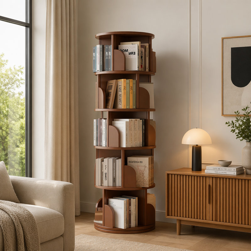 5-Tier 360° Rotating Bookshelf Tower - Space-Saving Round Spinning Display Shelf for Bedroom, Living Room, Home & Office