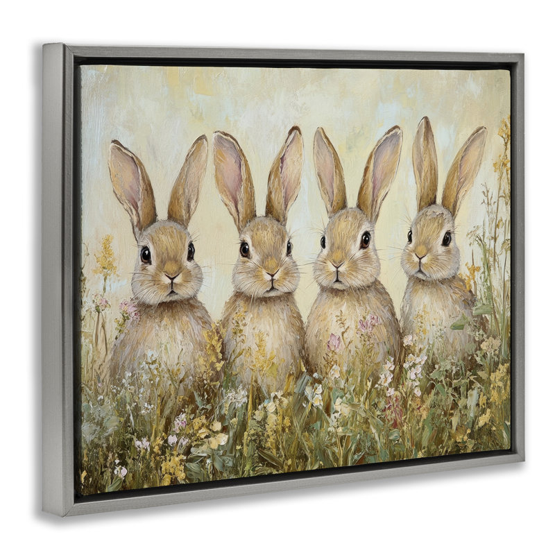 Quatre lapins dans un cadre flottant en fleurs, design par Petal Prints Design, H 17 po x l 21 po, Cadre flottant gris lustré