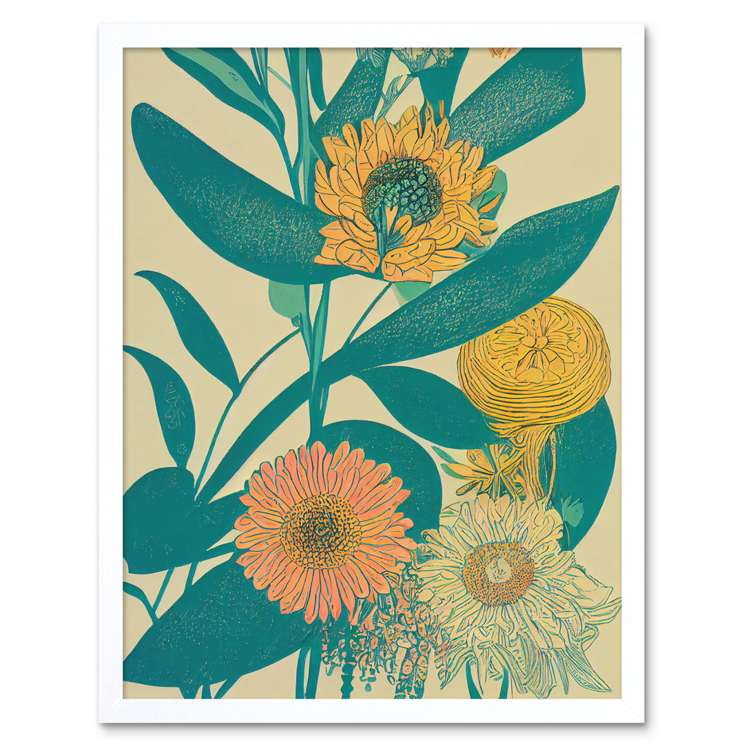 Marigold Daisy Flowers Turquoise Leaves Abstract - Print