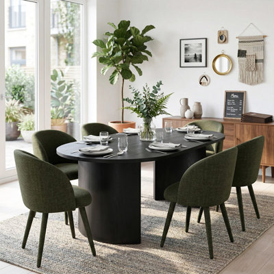 7-Piece Modern Oval Dining Table Set For 6 With Black Pedestal Base And 6 Upholstered Barrel Dining Chairs
