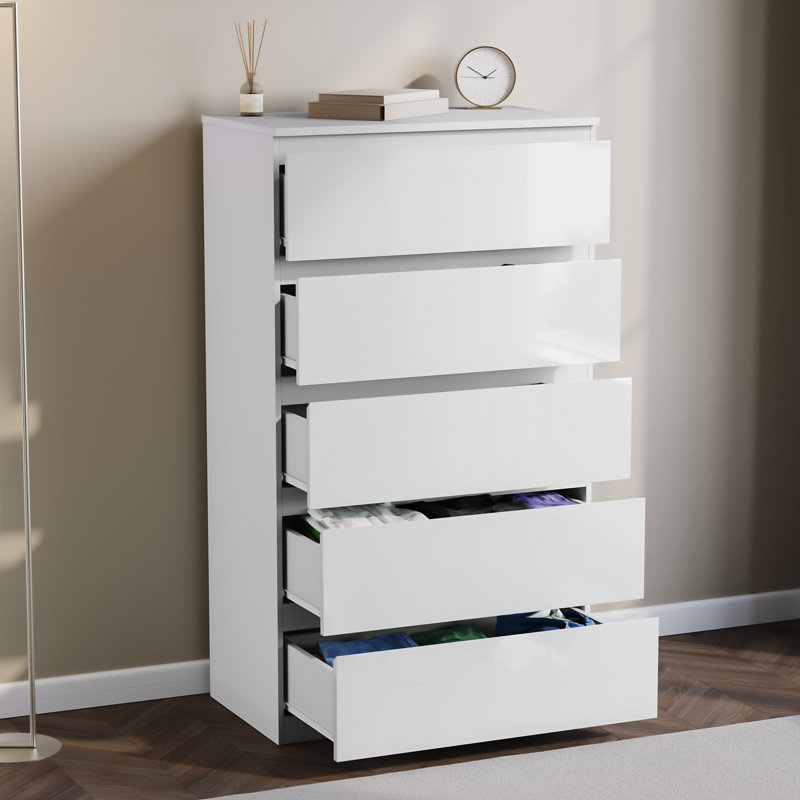 Oslo 5 Drawer High Gloss Chest, (FSC 100%), Bedroom Home Storage Furniture, White