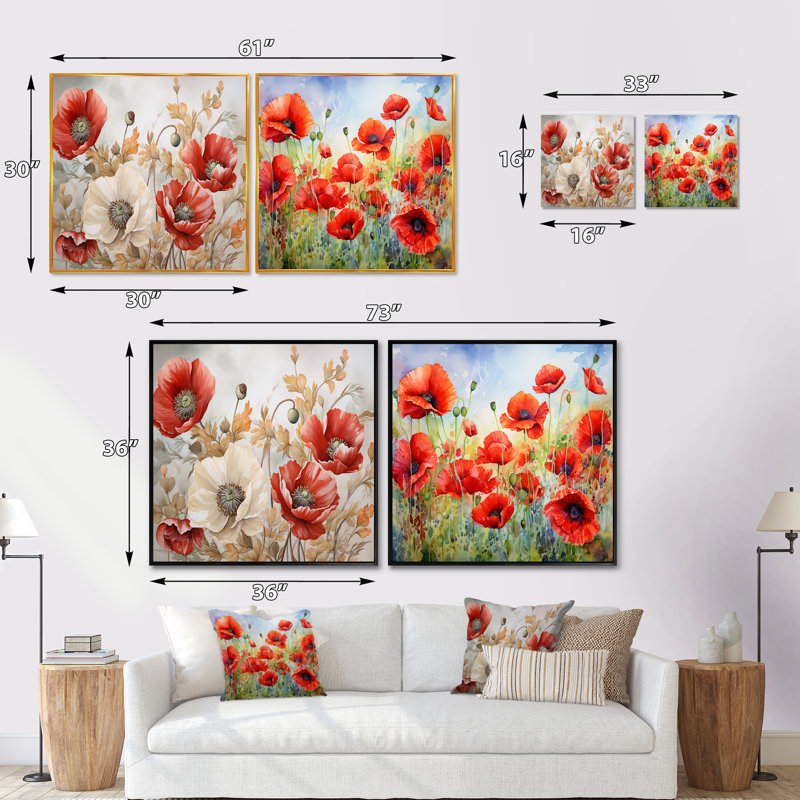 Poppies Charm In Winter Delight - Ensemble de 2 collages carrés coquelicots, Toile tendue, H 16 po x l 33 po
