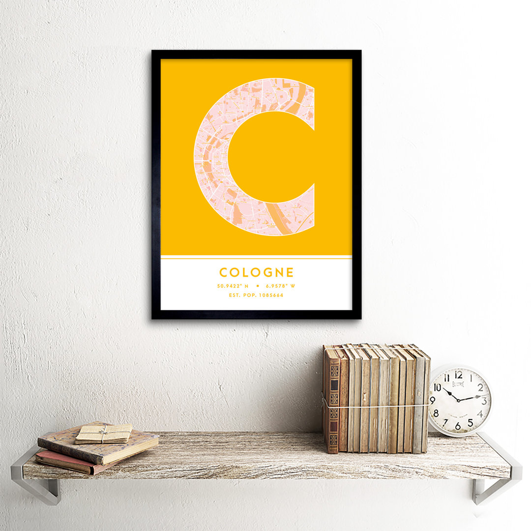Cologne City Map Cologne Yellow - Single Picture Frame Typography