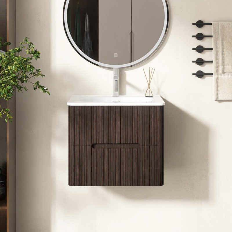 24" Wall Mounted Bathroom Vanity With Integrated Ceramic Basin, Dark Brown, 24"