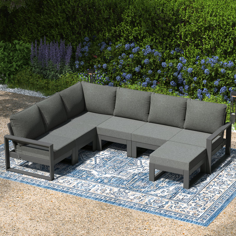 Ensemble de conversation de terrasse avec repose-pieds et cadre 7 pièces, Gris, Gris