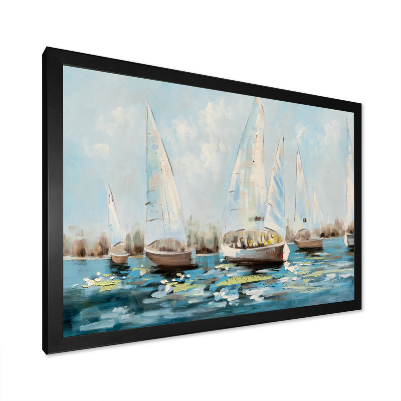 Voilier dans l'eau - reproduction sur toile, H 8 po x l 12 po x P 1 po, Cadre noir