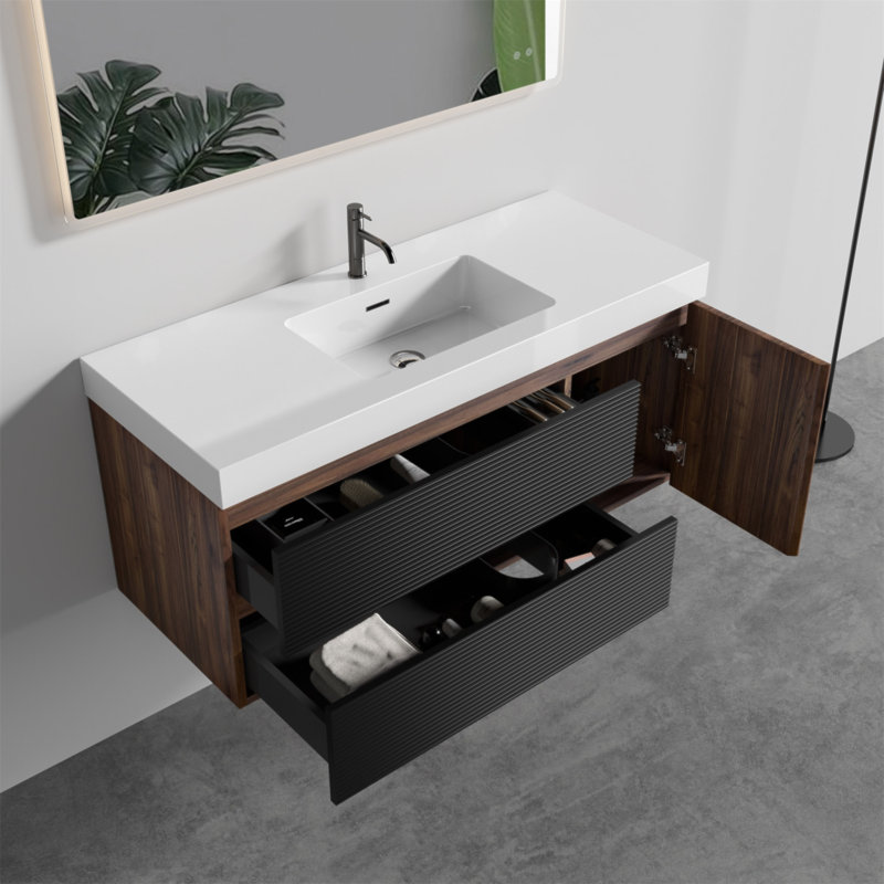 Meuble-lavabo de 48 po en noyer avec lavabo blanc brillant et tiroirs noirs doux, fixé au mur pour les salles de bain modernes